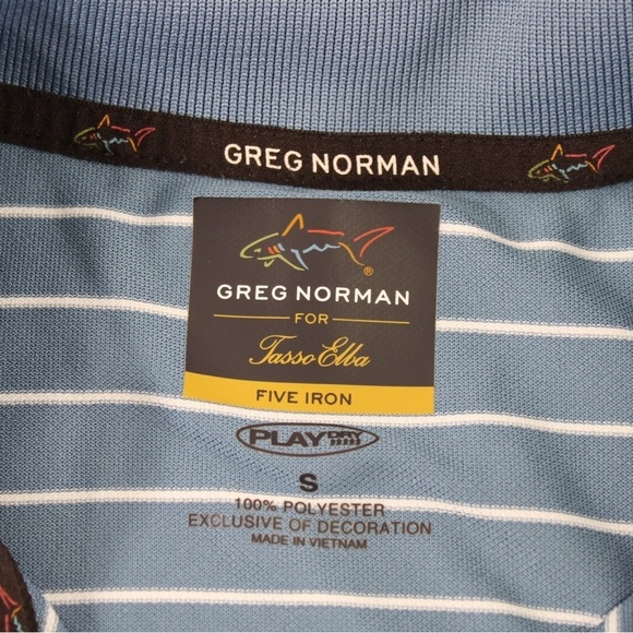 Greg Norman Tasso Elba Mens Small Blue Stripe Polo Short Sleeve EUC Shirt - Picture 7 of 8